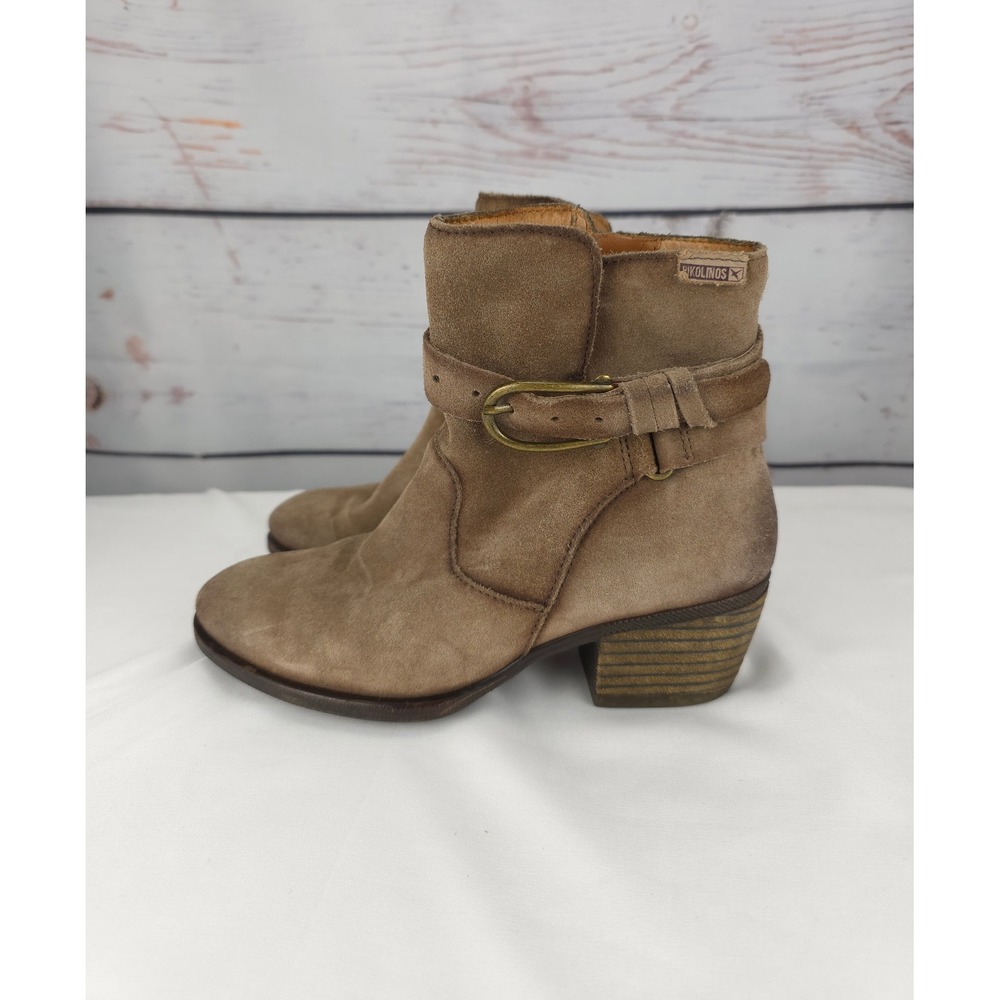 Pikolinos Womens Tan Stone Suede Ankle Boots Buckle Zip Side Block Heel Size 36 - Picture 2 of 11